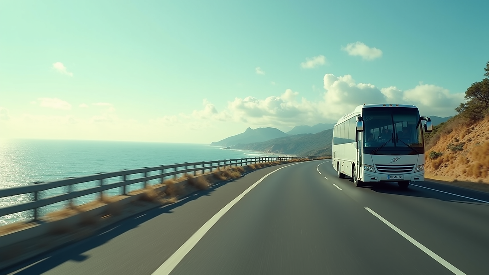 Wide angle view of a private bus driving along a coastal road with ocean views