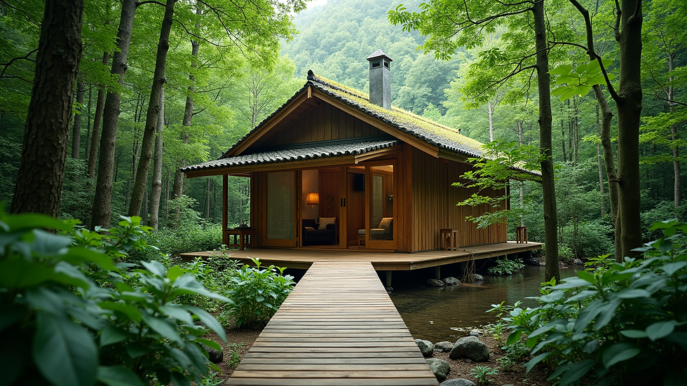 Eye-level view of a wooden eco-lodge surrounded by green forest in Taiwan