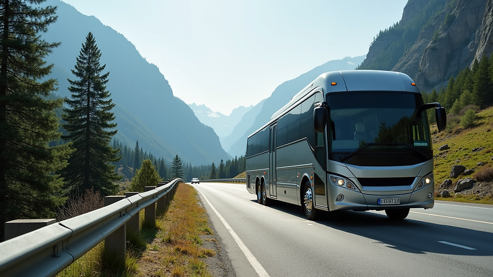 Eye-level view of a modern charter bus parked near a scenic mountain road