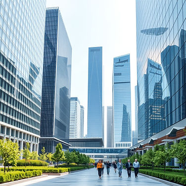 Modern financial district with glass skyscrapers, landscaped green spaces and people walki
