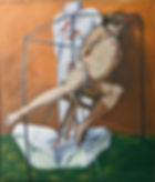 Painting by Manfred Bucher: male nude slumped on a wooden stool inside a wire-frame cube, white draped form with red darts behind him, orange wall