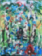 Painting by Manfred Bucher: small upright forest of white birches with red undergrowth and blue water