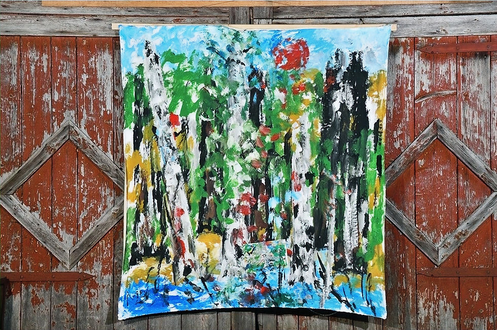 Seewald forest painting by Manfred Bucher (No. 009) hanging on a red barn door