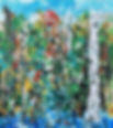 Painting by Manfred Bucher from the Seewald series: dense forest with a tall white birch trunk on the right, a red sun and blue water below