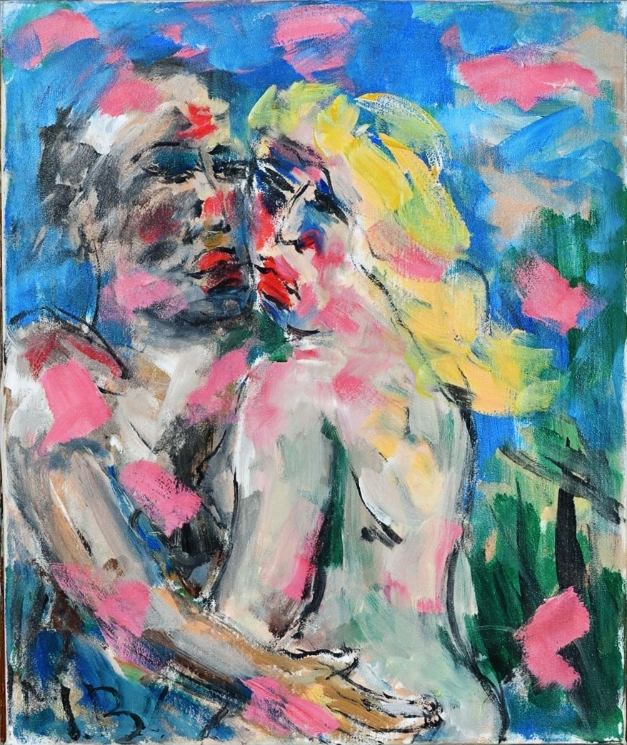 Painting by Manfred Bucher: couple kissing, faces pressed together in blues and pinks