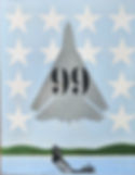 Painting by Manfred Bucher: grey delta-wing aircraft stencilled 99 over white stars, a lake with a boat below