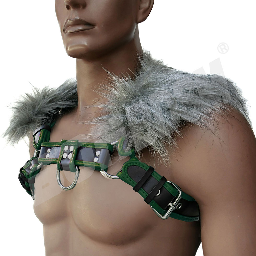 Thumbnail: Men's bulldog chest harness with white and black tips faux fur collar