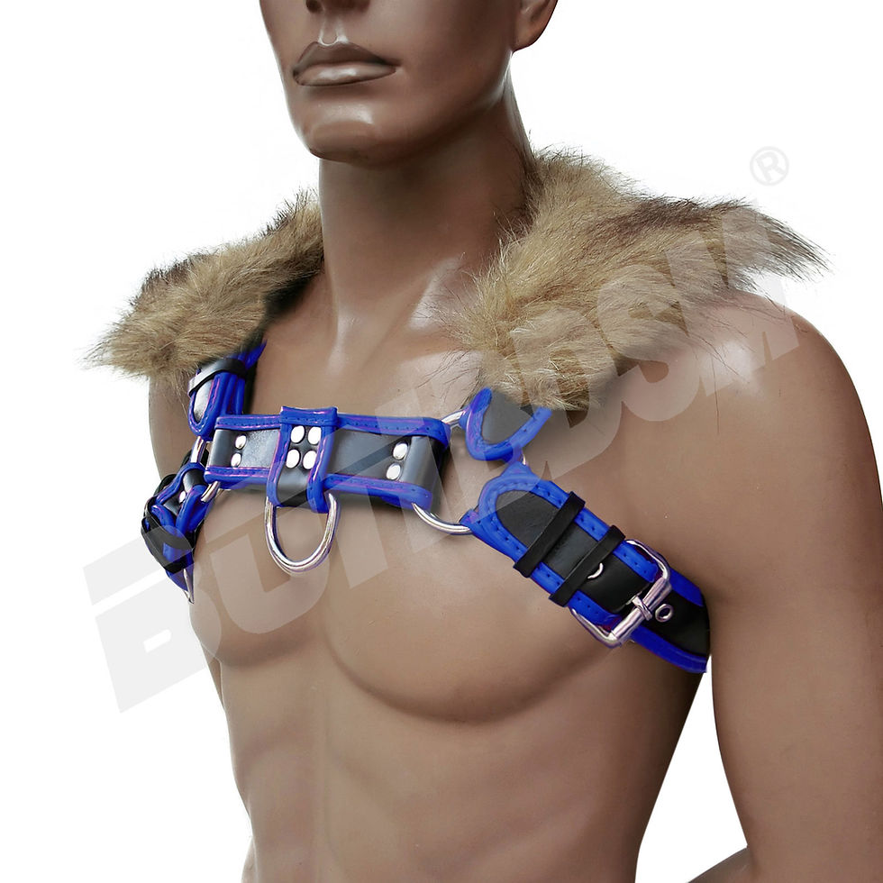 Thumbnail: Men's bulldog chest harness with gray faux fur collar
