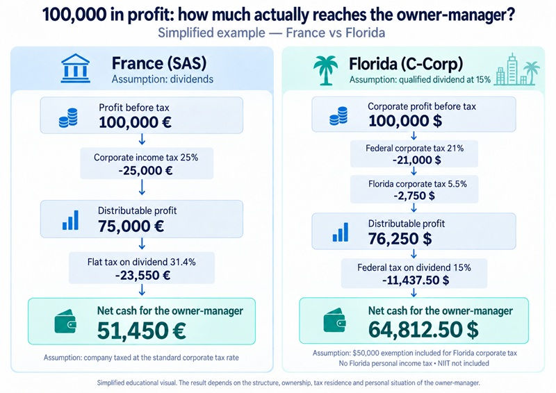 Comparative chart of net cash received by an executive in France and Florida
