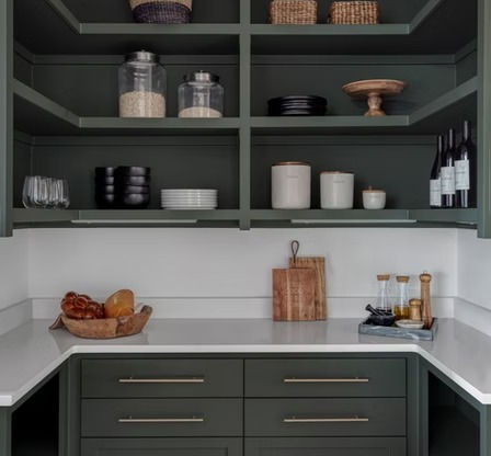 Green kitchen pantry with white counters and organized shelves