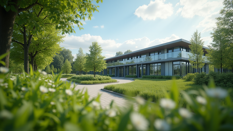 Eye-level view of a modern care facility surrounded by greenery