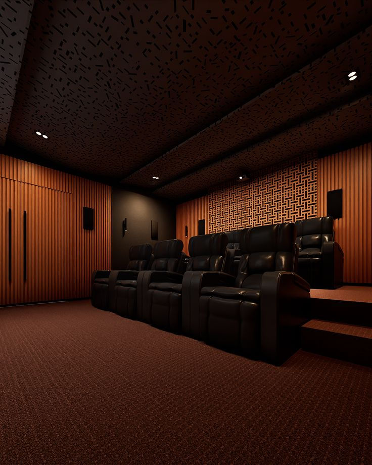 Modern custom home cinema design in Hyderabad with acoustic wall panels, ambient LED lighting, ultra-HD screen, and luxury seating for the best home theater experience.