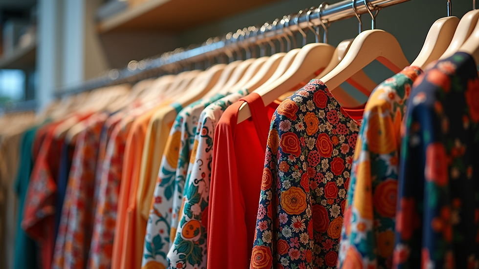Eye-level view of a clothing rack featuring vibrant and bold patterned dresses
