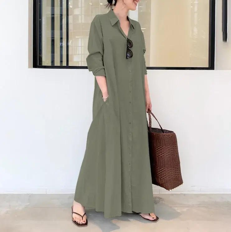Woman in olive green maxi shirt dress