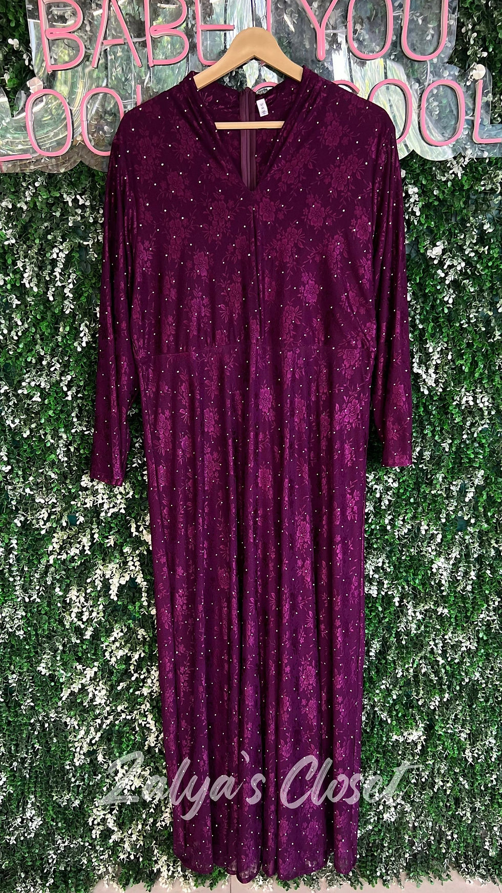 Thumbnail: Full length closed neck party dress with belt 