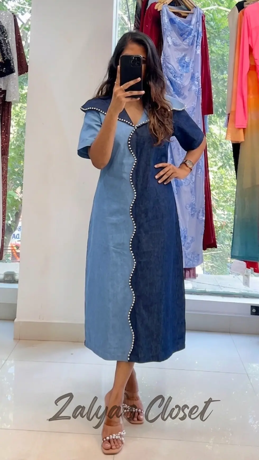 Thumbnail: Plus Size Denim Dress with Pearl Work