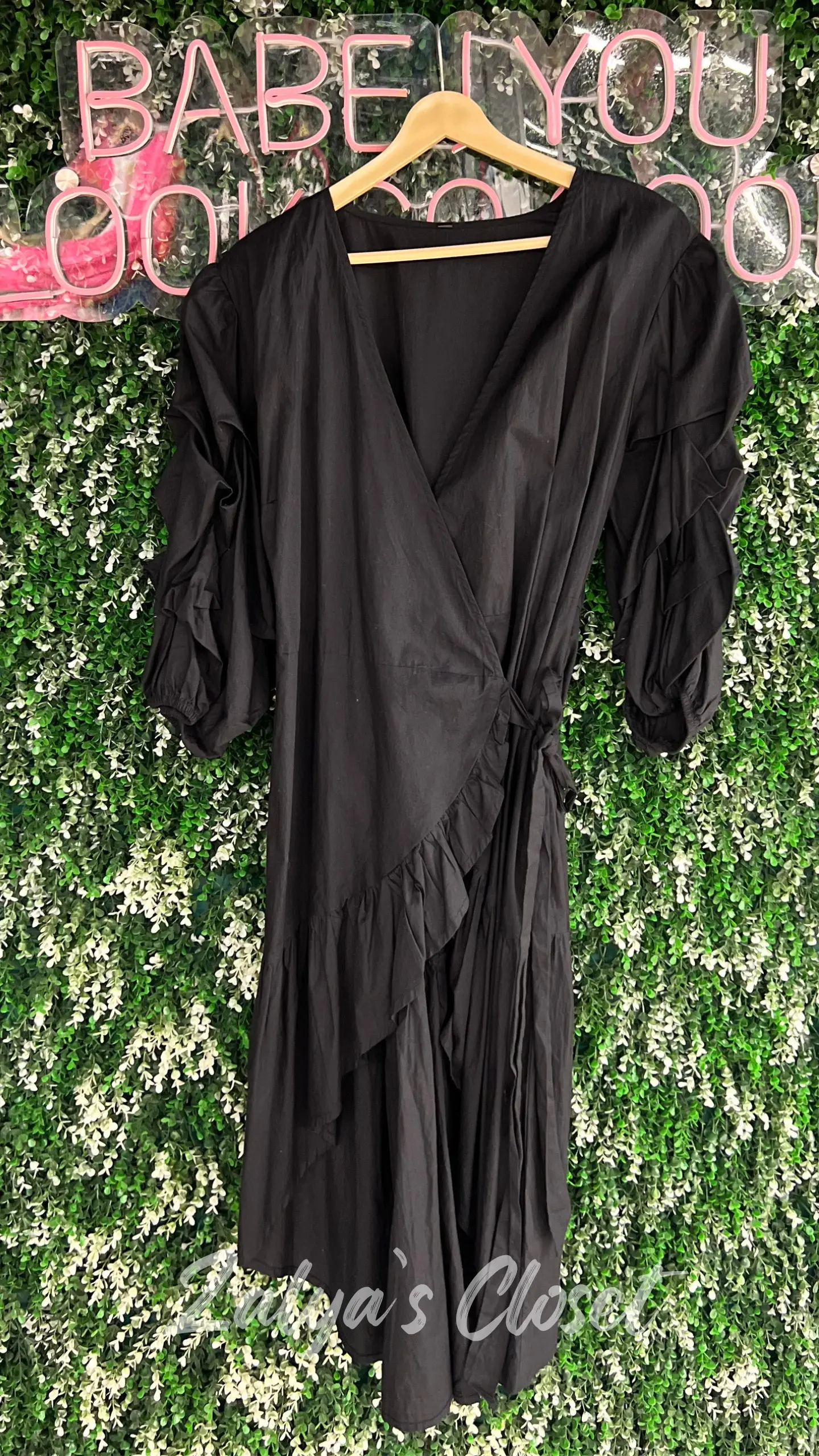 Black Cotton Poplin Wrap Midi Dress