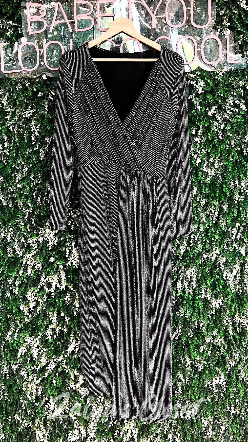 Thumbnail: Long V Neck Imported Party Wear Gown With Wide Belt