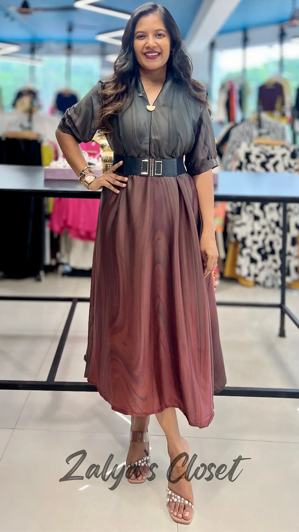 Thumbnail: Satin Dual Shade Marble Printed Dress