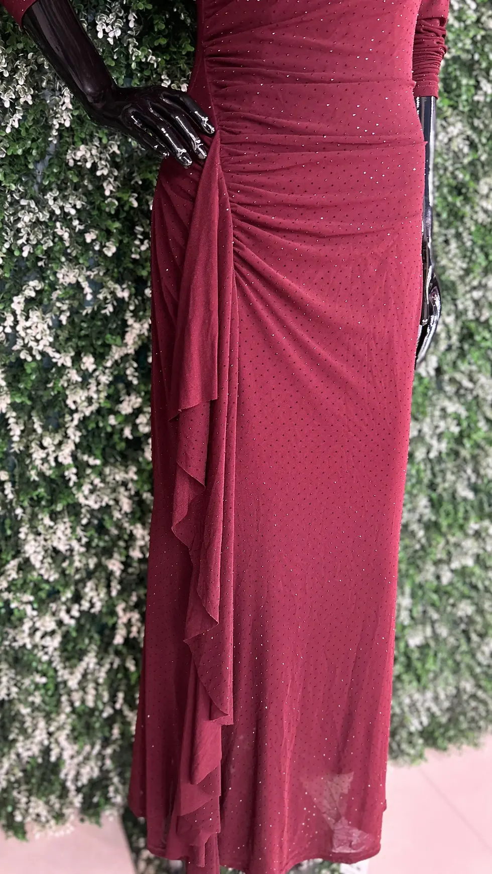 Thumbnail: Ruffled Bodycon Maroon/ Green Dress With Shimmer Work Imported 