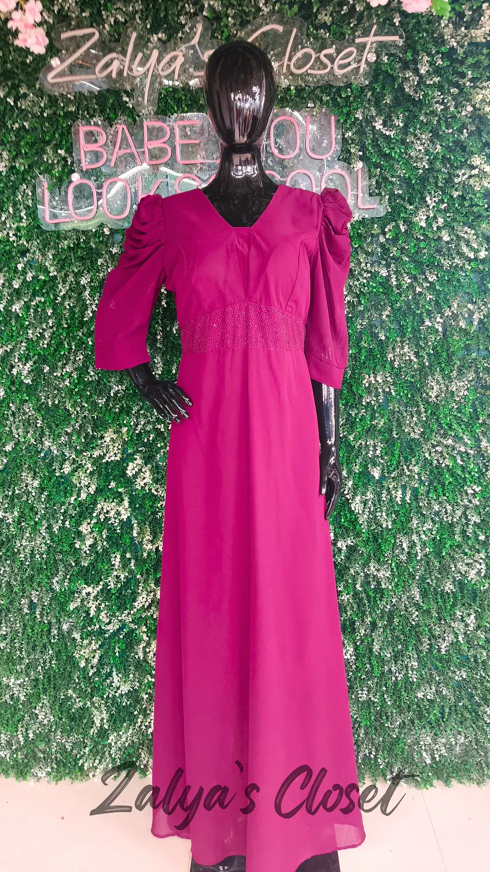Thumbnail: Puff Sleeves Long Dress With Stone Work In Middle