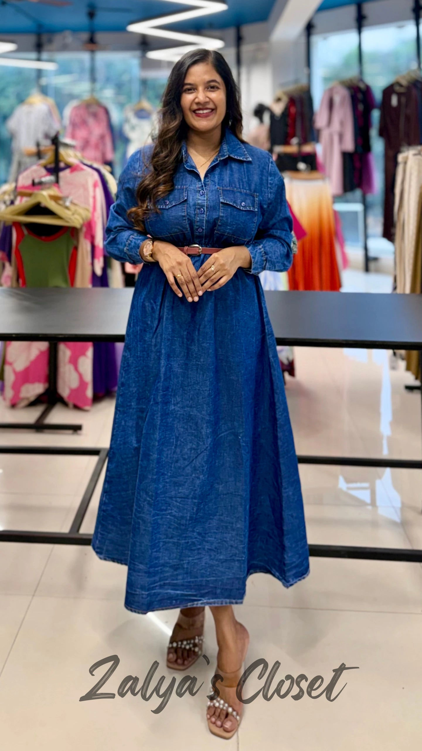 Front Button Denim Dress with Belt