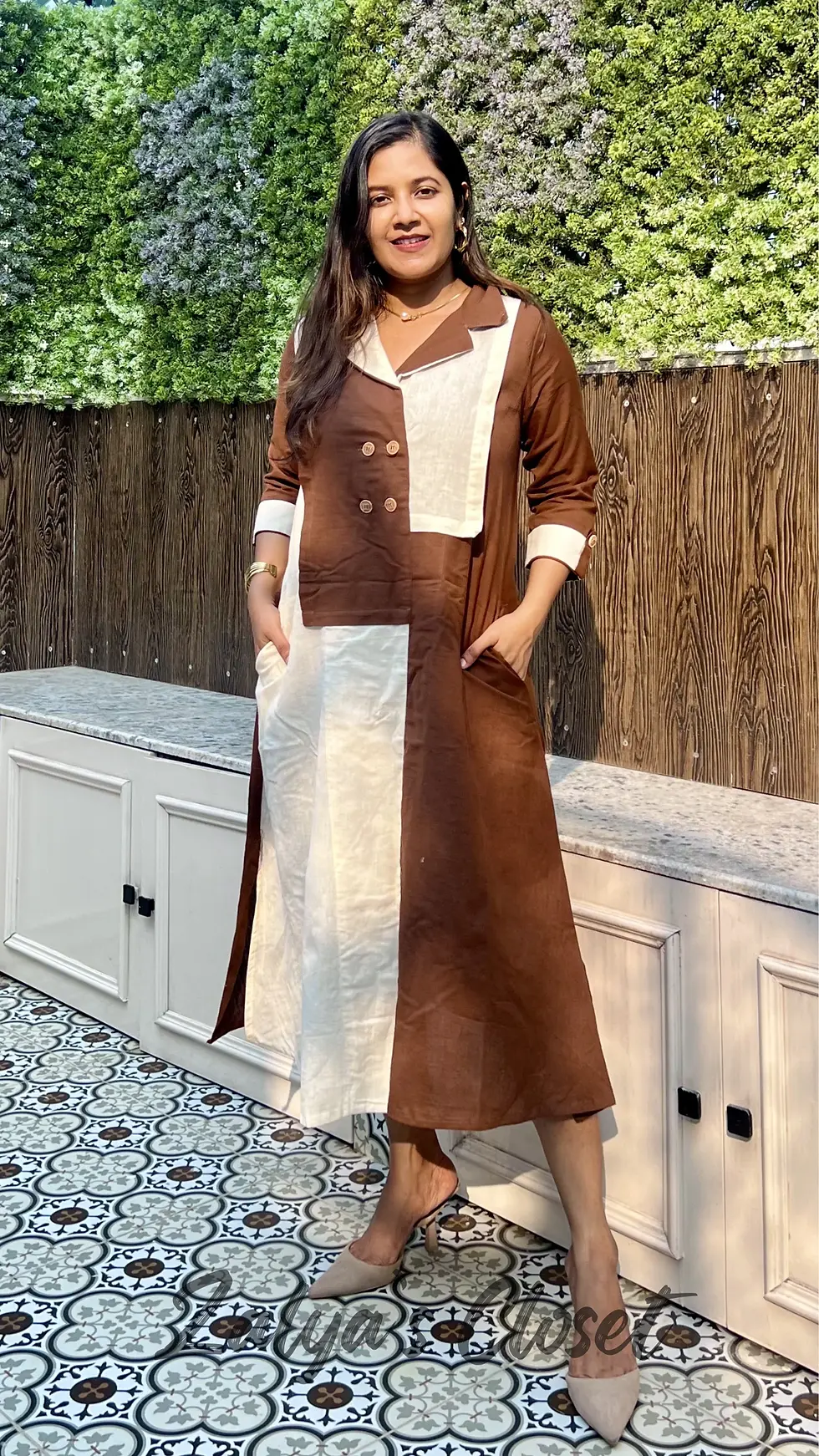 Thumbnail: Button down pure cotton color block dress 
