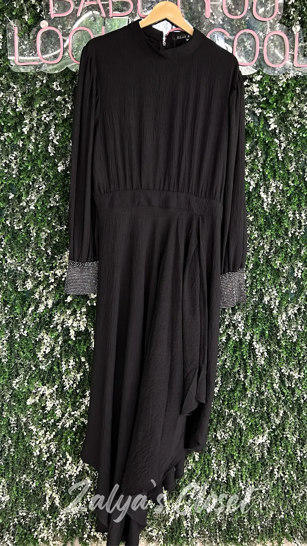 Thumbnail: Full Length Black Dress With Stone Work On Sleeve End
