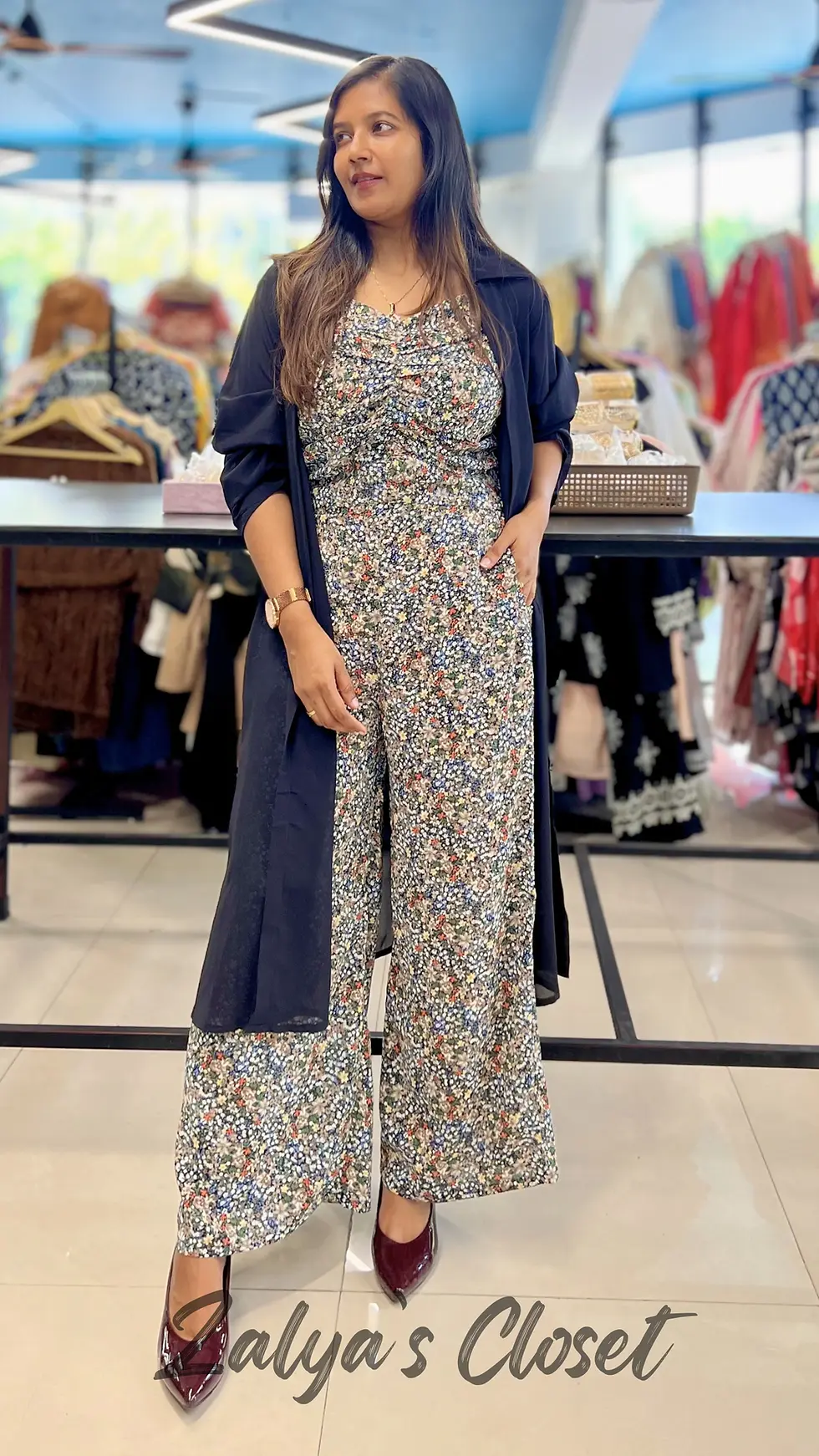 Thumbnail: 3pcs Printed Inner And Pant Co Ord Set With Solid Long Jacket