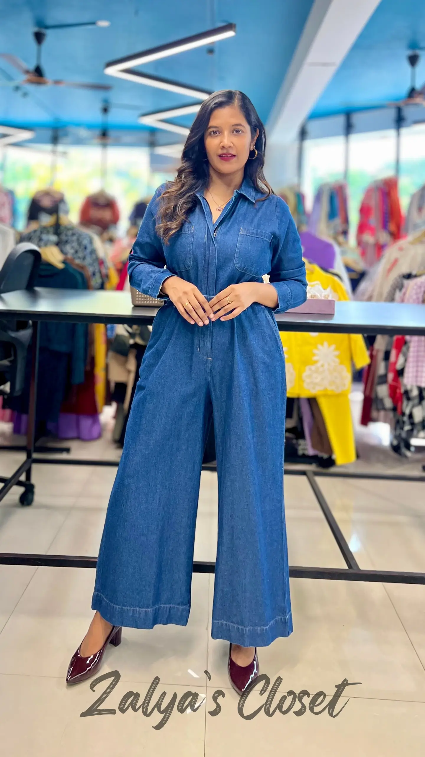 Navv blue front zip detail denim jumpsuit