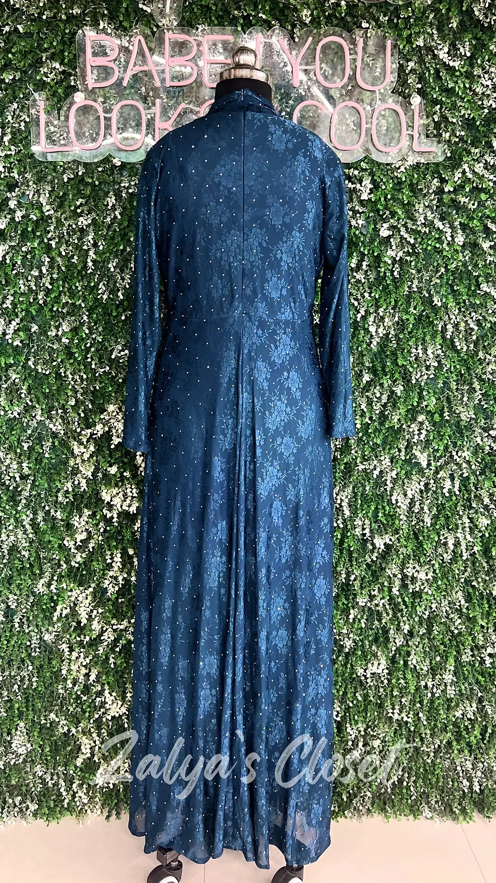 Thumbnail: Full length closed neck party dress with belt 