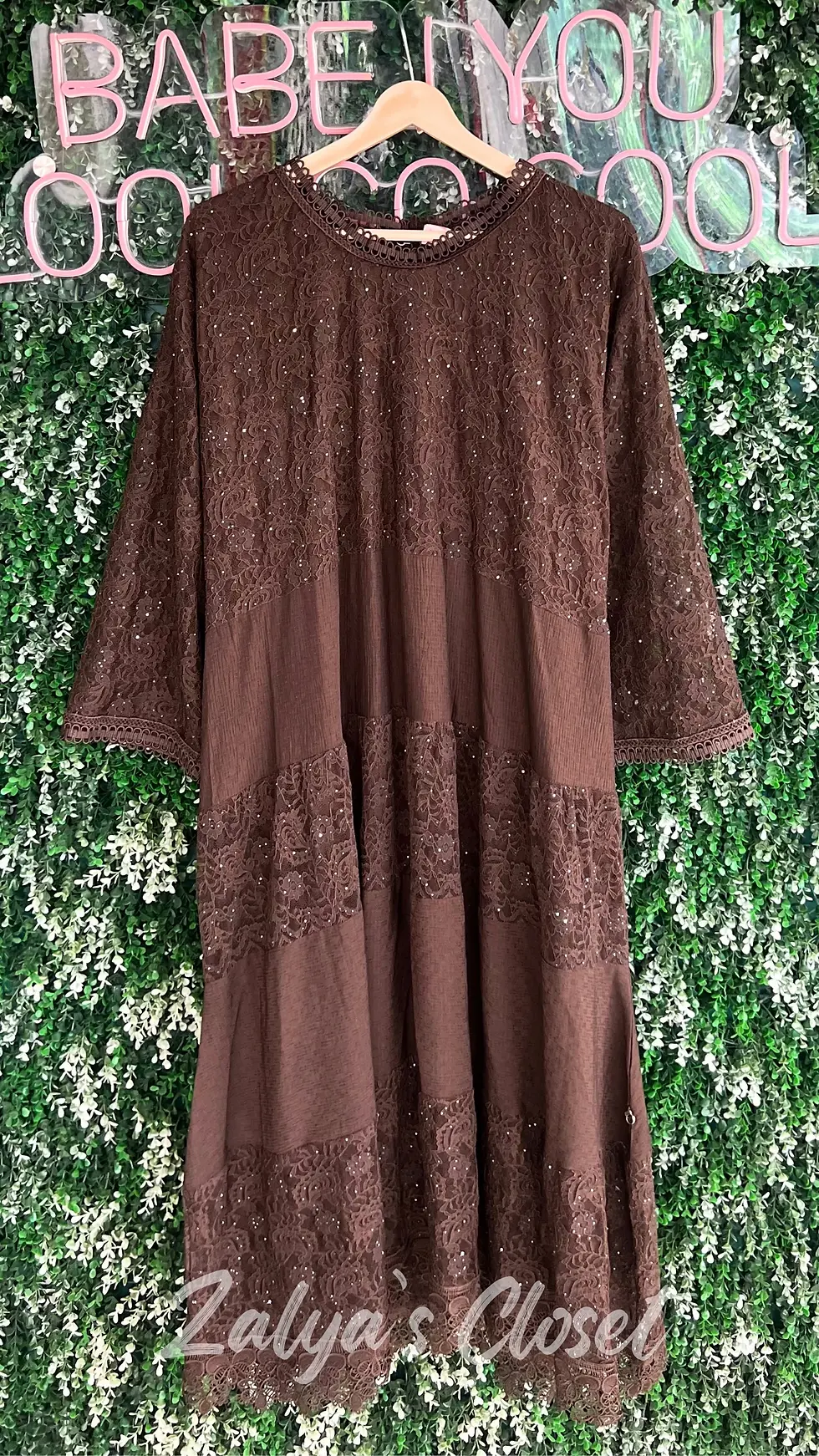 Thumbnail: Plus Size Lace Long Gown with Shimmer Work