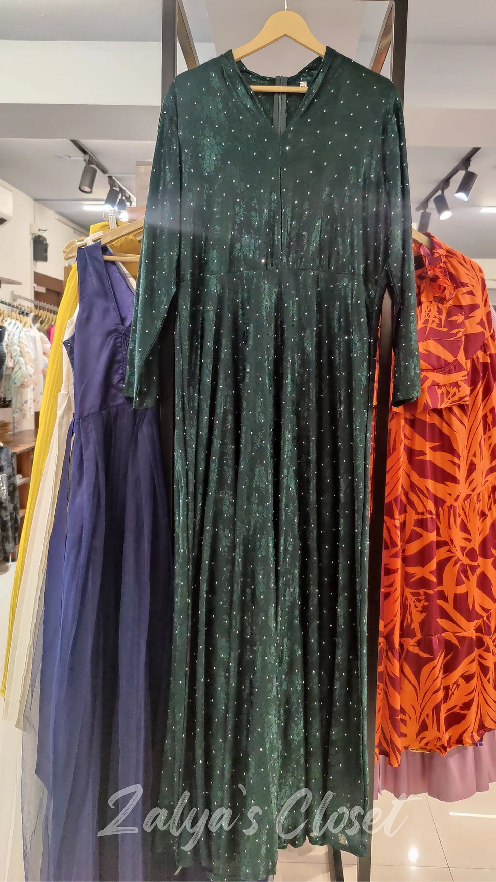 Thumbnail: Full length closed neck party dress with belt 