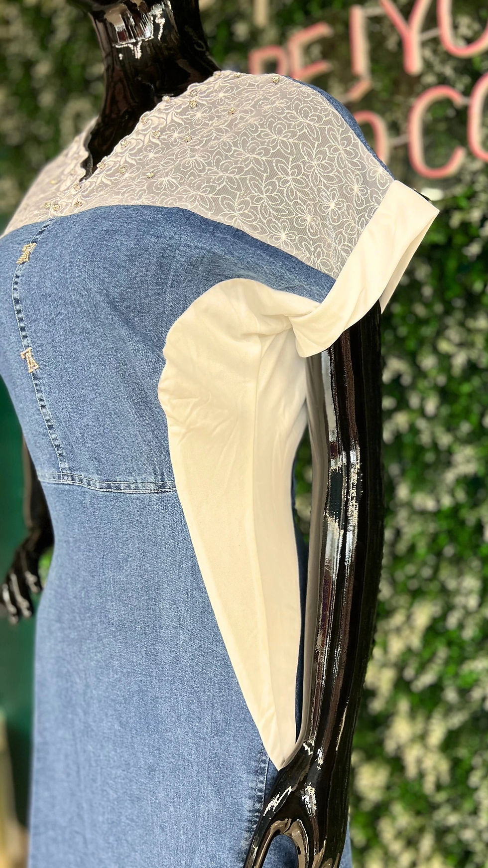 Thumbnail: Denim Dress with Top Lace and Bottom Slit