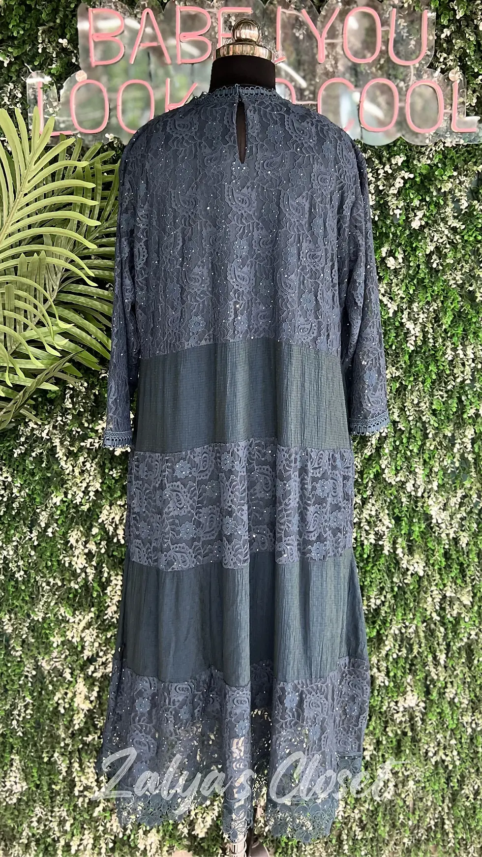 Thumbnail: Plus Size Lace Long Gown with Shimmer Work