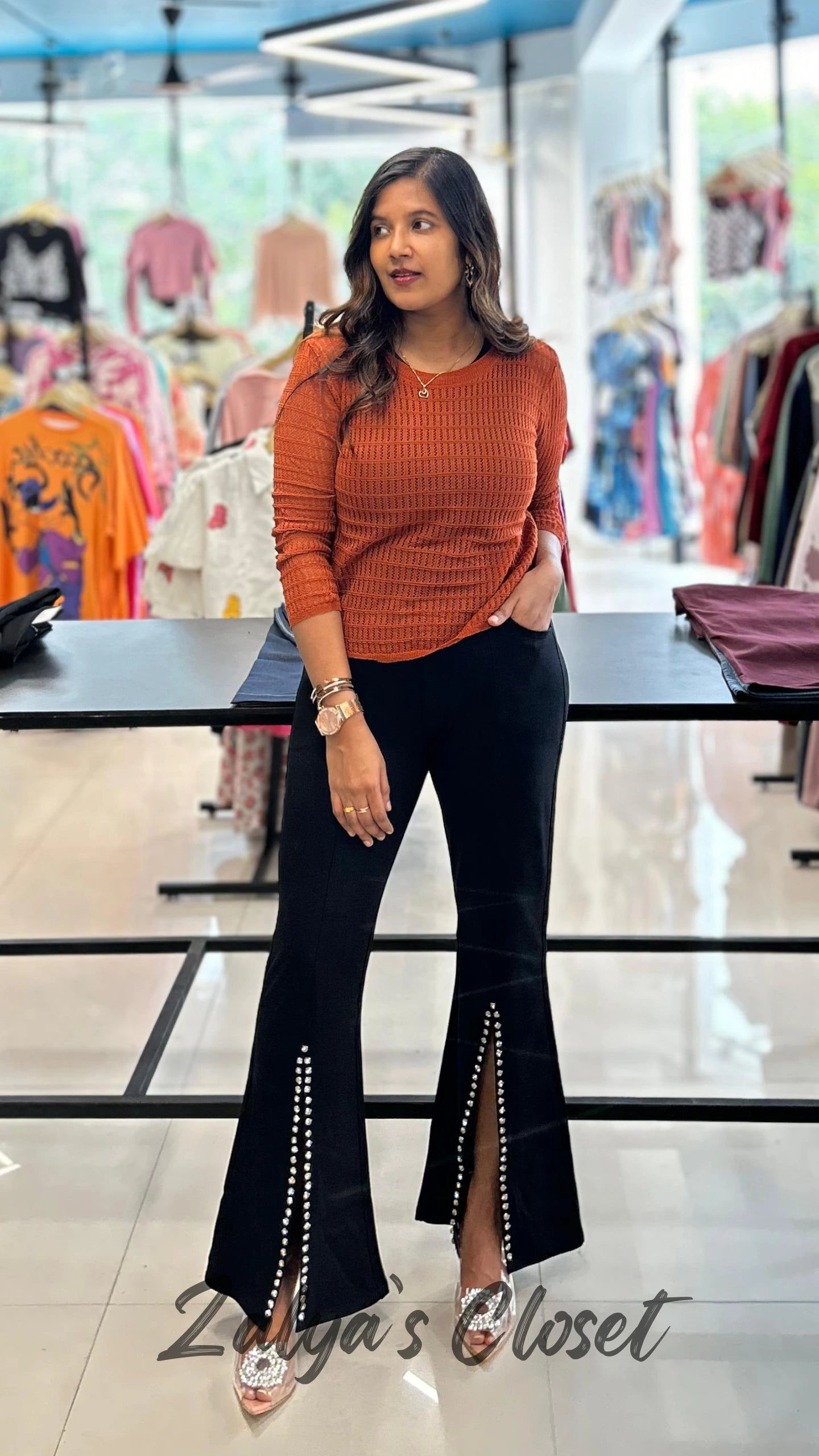 Front Slit Bell Bottom Pants with Stone Detailing