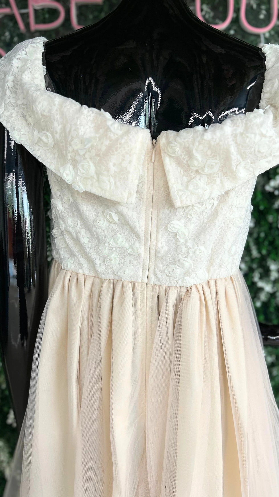 Thumbnail: Imported Peach Net Dress With White Lace Work