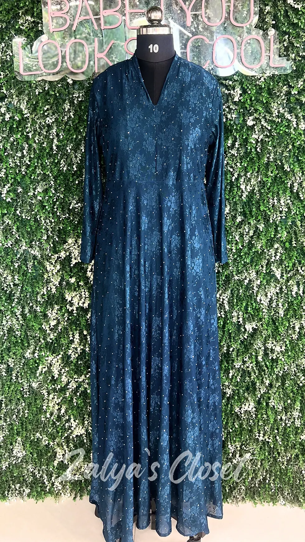 Thumbnail: Full length closed neck party dress with belt 