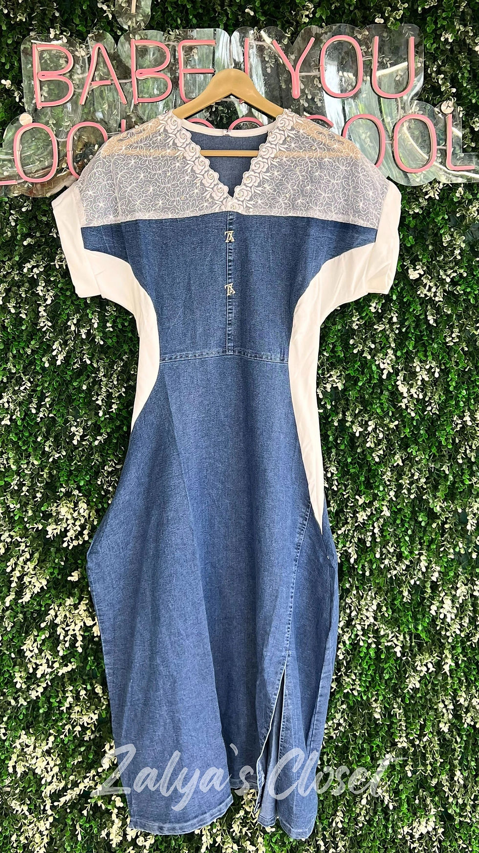 Thumbnail: Denim Dress with Top Lace and Bottom Slit