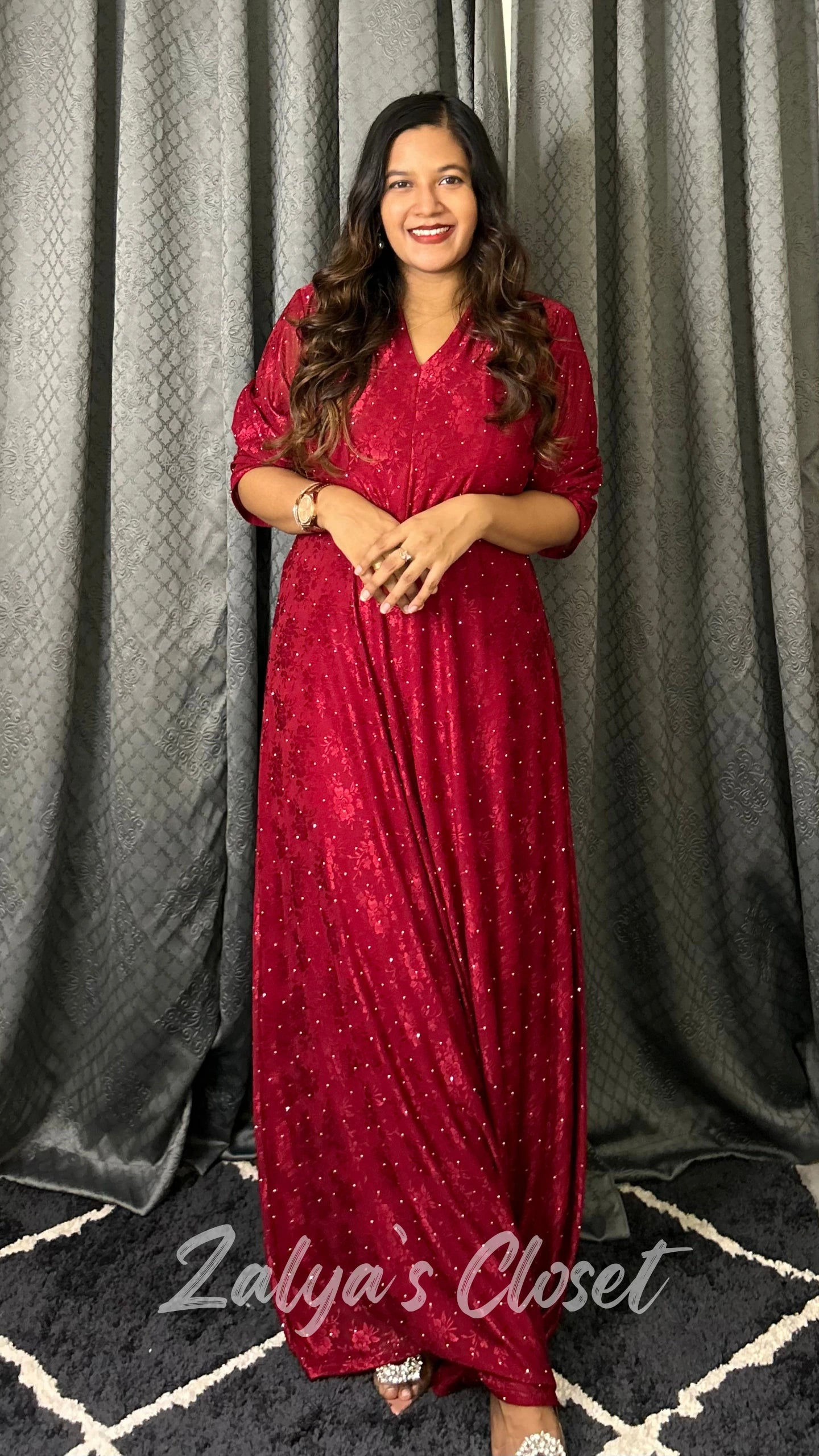 Full length closed neck party dress with belt 