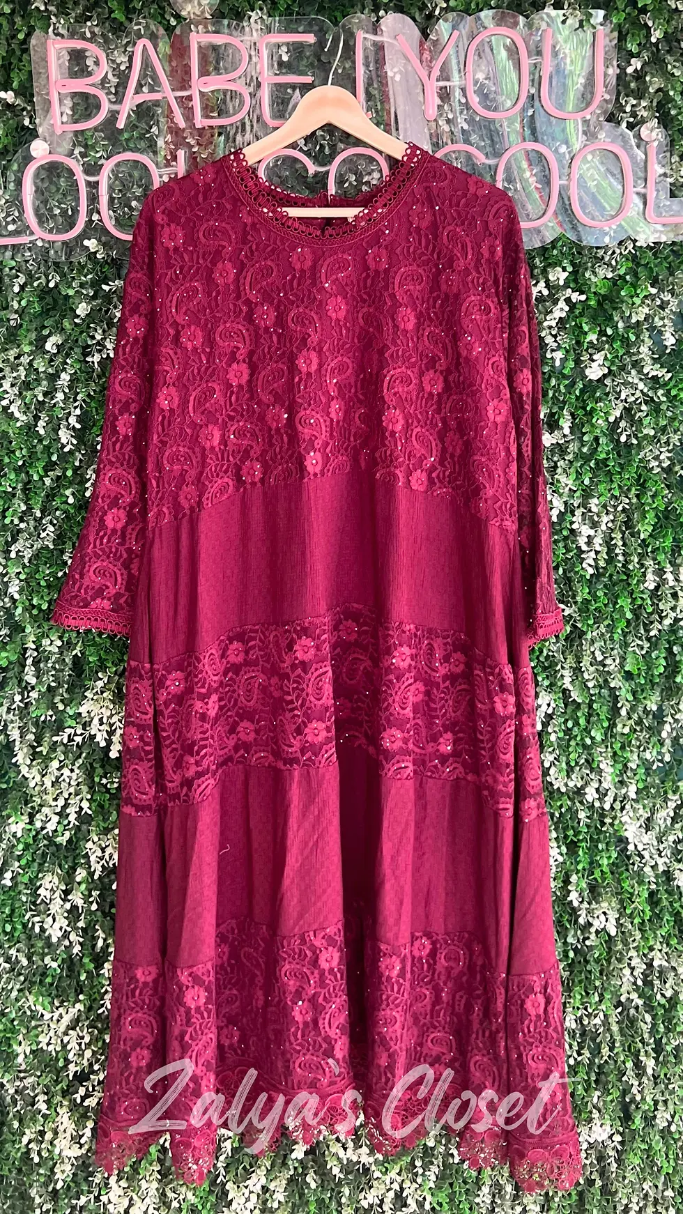 Thumbnail: Plus Size Lace Long Gown with Shimmer Work
