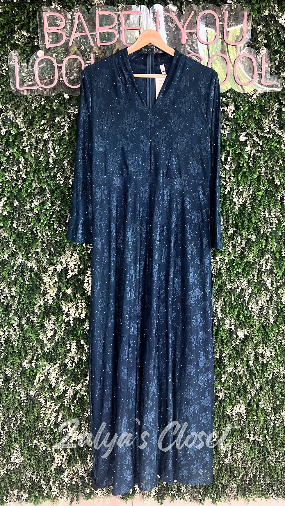 Thumbnail: Full length closed neck party dress with belt 