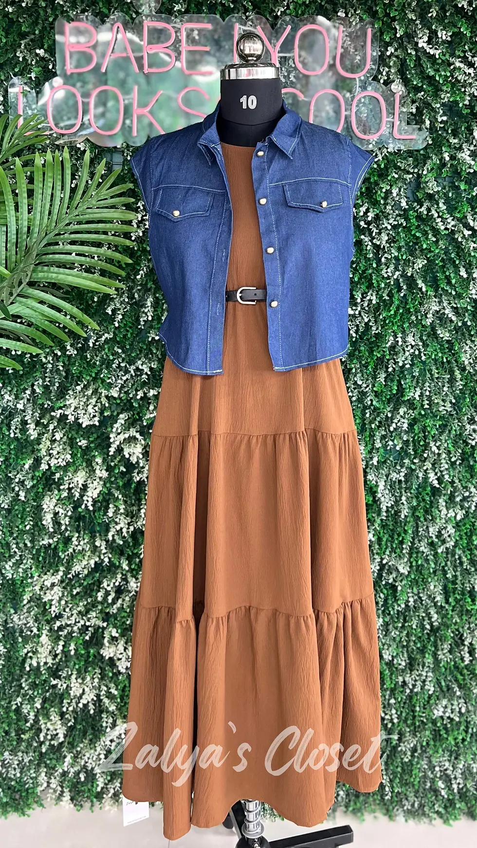 Thumbnail: Imported Denim Crop Jacket & Belt with Long Tiered Dress