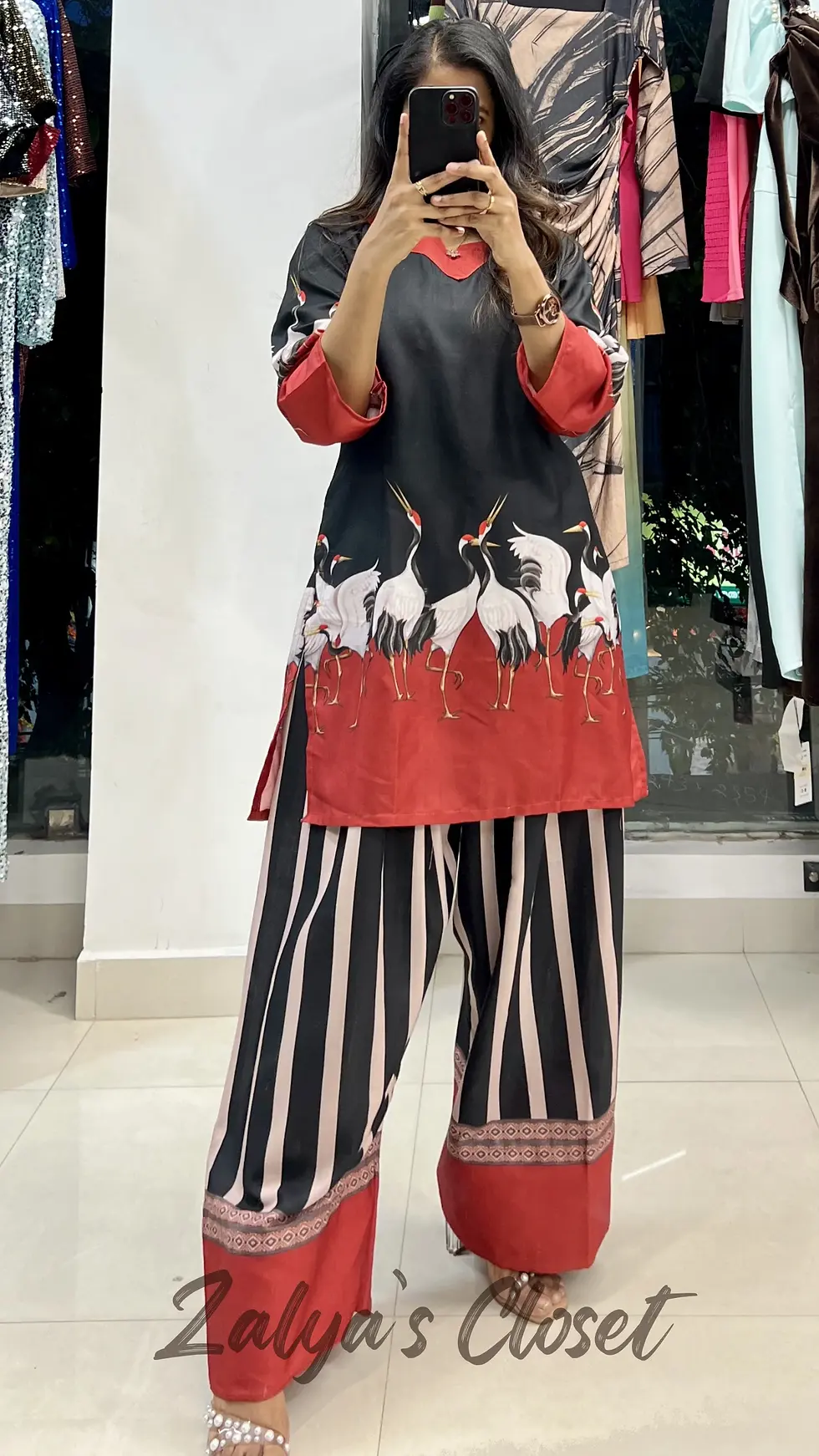 Thumbnail: Black and White Printed Top and Vertical Striped Pant Co-ord Set