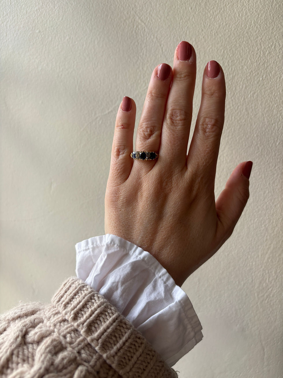 Thumbnail: An Edwardian 18ct gold, sapphire and diamond 7 stone ring