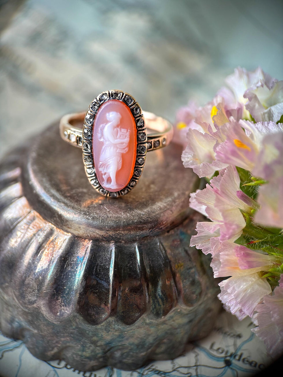 Thumbnail: A Victorian 15ct gold and rose cut diamond cameo ring