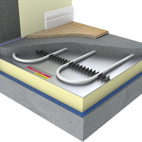3D cutaway of floor prep for underfloor heating, showing insulation, membrane, pipes, and screed.