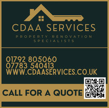 CDAA Services promotional graphic for property renovation specialists featuring logo with house and key design, contact phone numbers, website www.cdaaservices.co.uk, QR code, and call-to-action “Call for a quote,” highlighting home improvements, building services, and professional renovation solutions.