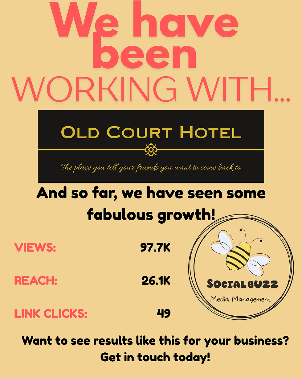 “Social media results graphic for Old Court Hotel showing strong social media growth, including 97.7K views, 26.1K reach and 49 link clicks, managed by Social Buzz Media Management. Hospitality social media marketing results for an independent hotel.”