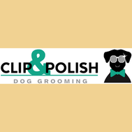 Clip & Polish Dog Grooming logo featuring a stylised dog with bow tie and glasses, representing a professional dog grooming salon offering premium pet grooming services, branding design supported by Social Buzz Media Management.